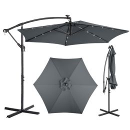 10FT Round Banana Hanging Patio Umbrella With 18 LED Lights, 6 Iron Ribs, Iron Straight & Curved Pole, Waterproof Polyester Canopy, With Stand Sl (Option: Gray)